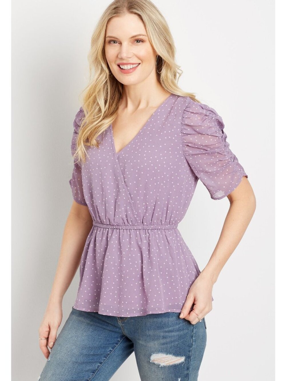 Maurices Top Plus Size 1X Faux Wrap Polka Dot Ruched Sleeve Lavender White Lined